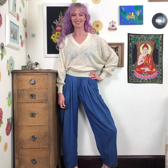 Vintage Denim - Vintage Pleated Baggy Jeans, High Waisted Tapered Leg Denim Trousers Sz S